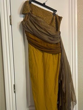 1960s Gold Sequin and Mustard Draped Silk Evening Gown